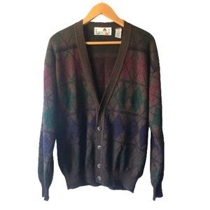 Italian Brown Argyle Wool Blend V-Neck Cardigan Grandpa Menswear Sweater